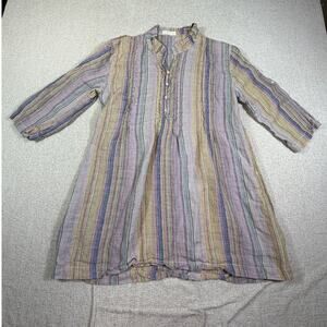 CP Shades Women XS Pink Blue Stripe Linen Henley Elbow Sleeve Minimalist Shirt